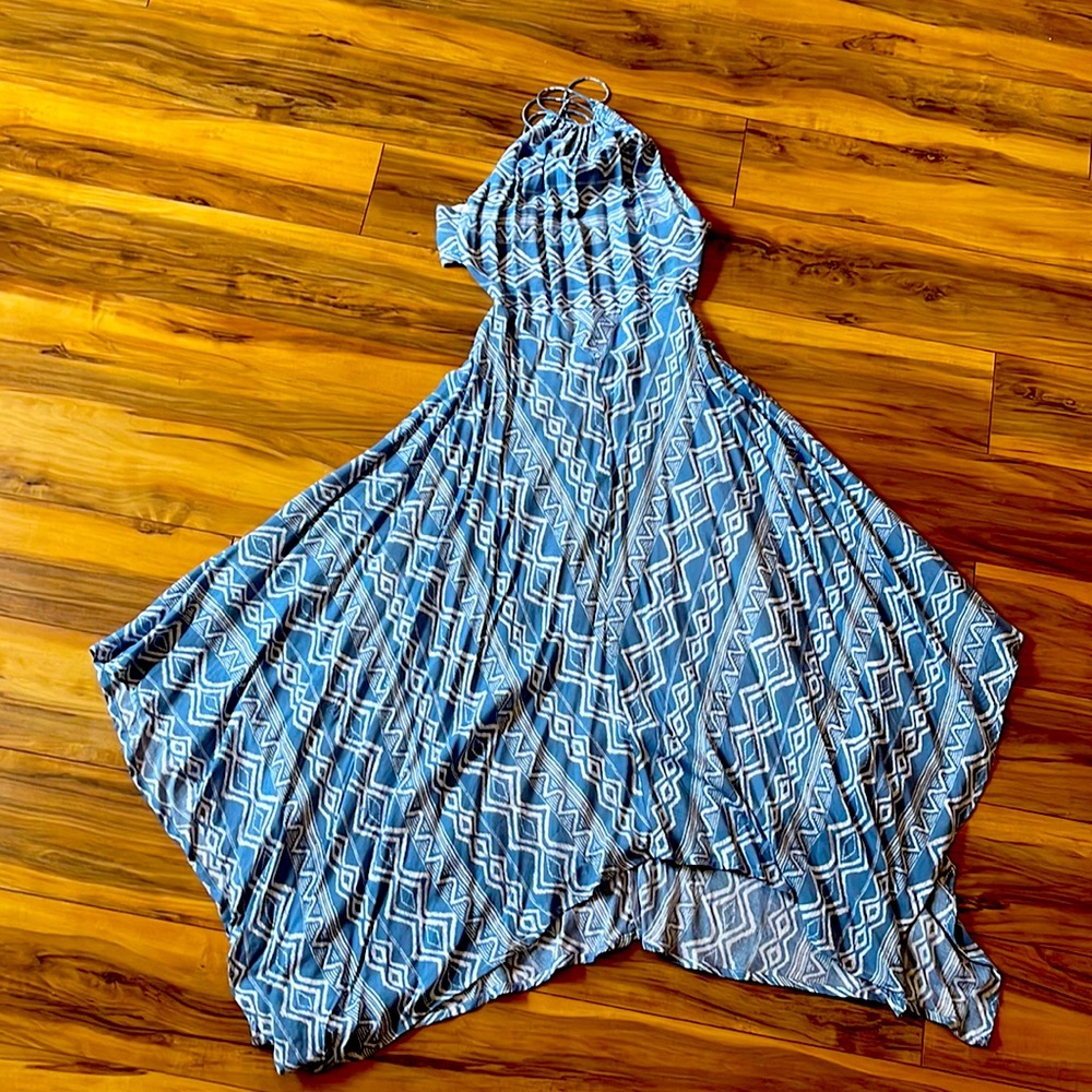 Dusty blue halter style dress with string up back.